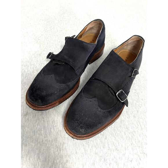 Trask Shoes Mens Size 10 Navy Suede Double Monk Wingtip Brogue Dress 30-01457 - Picture 1 of 13
